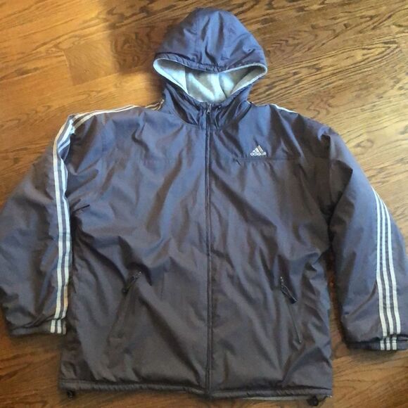 ADIDAS Men Grey Triple Stripe Insulated Grey Hooded Jacket Full Length Zipper 2X - Picture 1 of 14